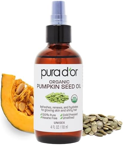 PURA D'OR 4 Oz Organic Pumpkin Seed Oil - 100% Pure USDA Certified Premium Grade Body Oil & Hair Growth Serum - After Shower Body Oil For Women & Men - Cold Pressed, Unrefined, Hexane-Free Skin Oil Pura D'Or