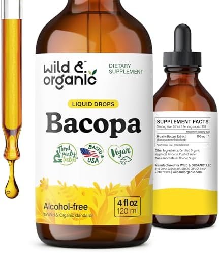 Wild & Organic Bacopa Liquid Drops - Herbal Tincture for Brain Support - Vegan Supplements with Bacopa Monnieri Extract Liquid - 5-Month Supply - Sugar & Alcohol-Free - 4 fl oz Wild & Organic