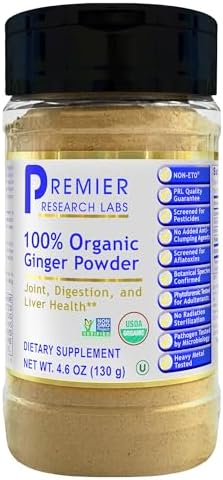 Premier Research Labs 100% Organic Ginger Powder - Ground Ginger Powder, Powdered Ginger Root Extract for Digestion, Great Spice for Seasoning, Cooking, Mix with Juice or Hot Water for Tea - 4.6 Oz Premier Research Labs