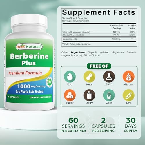 Best Naturals Berberine Plus 1000mg per Serving, (Non-GMO) 60 Capsules - Contains Berberine HCL 1000mg, Vitamin C 120mg & Zinc Gluconate 30 mg Best Naturals