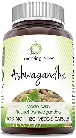 Amazing India Ashwagandha Supplement | 500 Mg Per Serving | 120 Veggie Capsules | Non-GMO | Gluten Free | Made in USA | Ideal for Vegetarians Amazing India