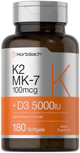 Horbäach Vitamin D3 K2 5000 iu | 100mcg MK-7 Complex | 180 Softgel Capsules | Non-GMO & Gluten Free Supplement Horbäach