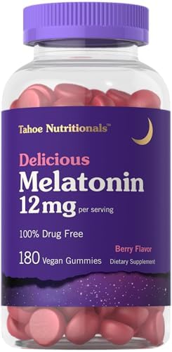 Tahoe Nutritionals Melatonin Gummies 12mg | 180 Count | Berry Flavor | Drug Free Supplement | Vegan, Non-GMO, Gluten Free Carlyle