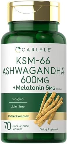 Carlyle KSM-66 Ashwagandha Capsules 600mg | 70 Count | with Melatonin 5mg | Potent Complex | Non-GMO, Gluten Free Carlyle