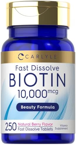 Carlyle Biotin 10000mcg | 250 Fast Dissolve Tablets | Max Strength | Vegetarian, Non-GMO, Gluten Free Supplement Carlyle