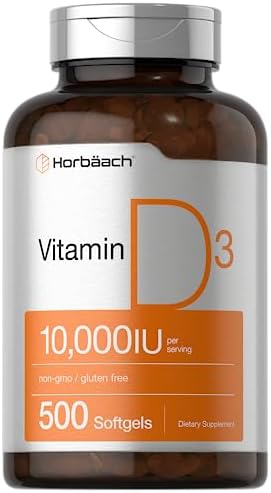 Horbäach Vitamin D3 10000 IU | 500 Softgels | Non-GMO, Gluten Free Supplement | Value Size | 250mcg | High Potency Formula Horbäach