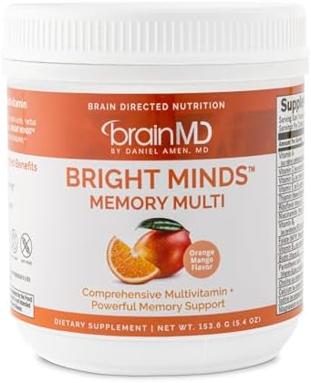 Dr Amen BrainMD Bright Minds Memory Multi, Orange Mango Flavor - 5.4 oz Powder - Multivitamin & Memory Support - Gluten Free, Sugar Free - 30 Servings BrainMD