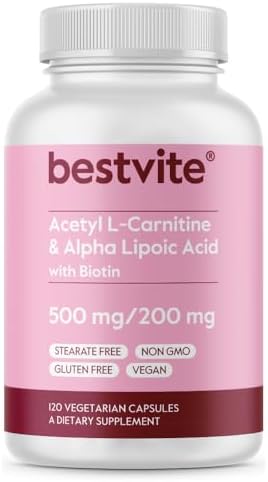 BESTVITE Acetyl L-Carnitine 500mg & Alpha Lipoic Acid 200mg per Capsule with Biotin (240 Vegetarian Capsules) (120 x 2) - No Stearates - Vegan - Non GMO - Gluten Free Bestvite