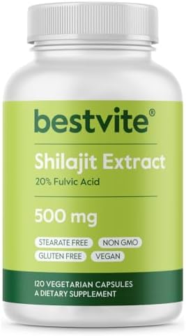 BESTVITE Pure Shilajit Extract 500mg (120 Vegetarian Capsules) - No Stearates - Vegan - Non GMO - Gluten Free - Standardized to 20% Fulvic Acid Bestvite