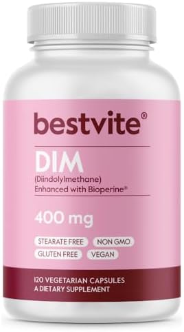 BESTVITE DIM (Diindolylmethane) 400mg with Bioperine (120 Vegetarian Capsules) - No Stearates - No Gelatin - Vegan - Non GMO - Gluten Free Bestvite