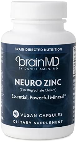 Dr Amen BrainMD Neuro Zinc - 90 Capsules - 25 mg Zinc Bisglycinate Chelate - Gluten Free - 90 Servings BrainMD