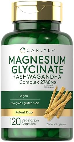 Carlyle Magnesium Glycinate with Ashwagandha | 2,740mg Complex | 120 Vegetarian Capsules | Potent Duo | Non-GMO and Gluten Free Supplement Carlyle