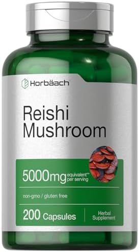 Horbäach Reishi Mushroom Capsules | 5000mg | 200 Count | Non-GMO and Gluten Free Extract Supplement Horbäach