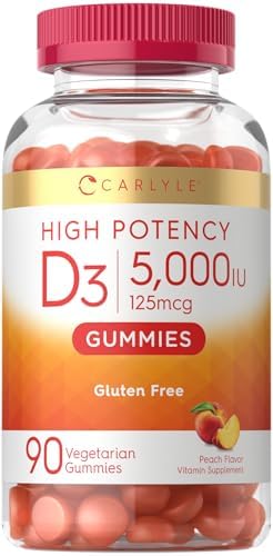 Carlyle Vitamin D3 Gummies | 5000 iu | 90 Count | Peach Flavored Gummy | High Potency for Adults | Vegetarian, Non-GMO, Gluten Free Supplement Carlyle