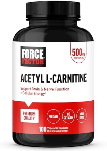 Force Factor Acetyl L-Carnitine Brain Supplement, Nerve Support Supplement, and Cellular Energy Booster, Acetyl L-Carnitine 500mg, Premium Quality, Vegan, Non-GMO, 100 Vegetable Capsules Force Factor