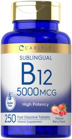 Carlyle Vitamin B12 5000mcg | 250 Fast Dissolve Tablets | Natural Berry Flavor | Vegetarian, Non-GMO, Gluten Free Carlyle