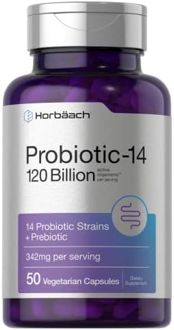 Horbäach Probiotics 120 Billion CFU | 14 Strains with Prebiotics | for Women & Men | 50 Capsules | Vegetarian, Non-GMO & Gluten Free Supplement Horbäach