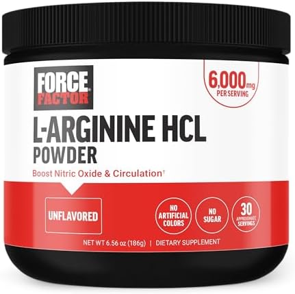 FORCE FACTOR L Arginine HCL, L-Arginine Supplement to Boost Nitric Oxide for Better Circulation, Blood Flow, and Muscle Pumps, L Arginine Powder 6000mg, Unflavored, 30 Servings Force Factor