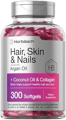 Horbäach Hair Skin and Nails Vitamins | 300 Softgels | with Biotin and Collagen | Infused with Argan Oil and Coconut Oil | Non-GMO, Gluten Free Supplement Horbäach