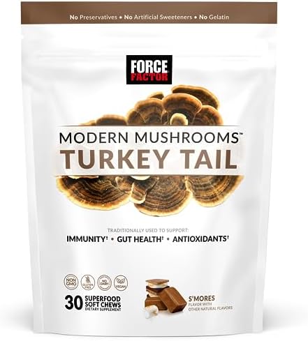 FORCE FACTOR Modern Mushrooms Soft Chews, Turkey Tail Mushroom Supplement to Support Immunity, Digestive Health, and Vitality, Antioxidants Supplement, Delicious S’Mores Flavor, 30 Soft Chews Force Factor