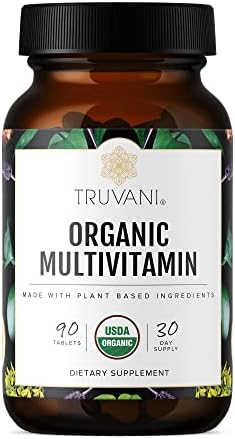 Truvani Daily Organic Multivitamin Supplement - Vegan, Non GMO Tablets with Iron & Biotin - Dairy, Soy, & Gluten Free - 30 Day Supply (90 Tablets) Truvani