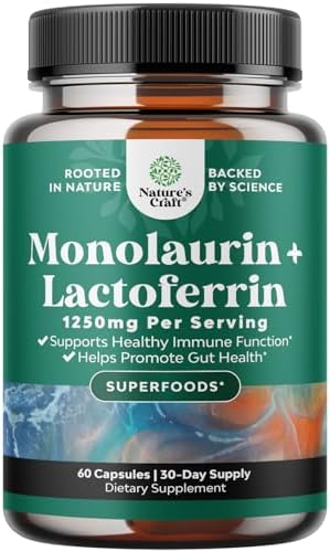 Natures Craft High Strength Lactoferrin & Monolaurin Supplement - Microbiome Digestive Health Immune Support Supplement - 250mg Lactoferrin and Monolaurin 1000mg Capsules - Vegetarian (30 Servings) Natures Craft