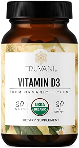 Truvani Organic Vitamin D3 - Plant-Based, USDA Organic, Gluten-Free, Non-GMO, Vegan D3 Supplement - Supports Bone, Immune & Brain Health - 30 Tablets Truvani