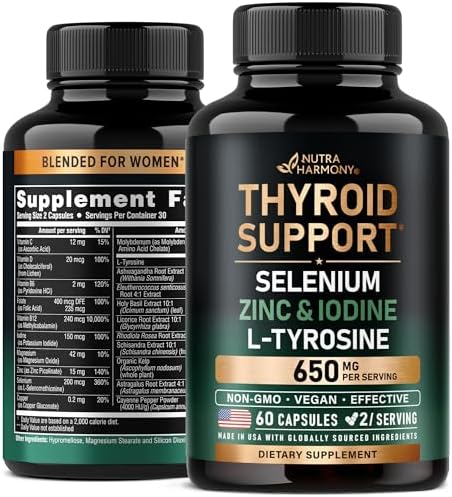 Thyroid Support for Women - Selenium 200 mcg | Zinc & Iodine | L-Tyrosine | Magnesium | Adaptogen Herbs - 21-in-1 Antioxidant & Immune Support - Vegan, Non-GMO, Lab Tested - 60 Capsules, Made in USA Nutraharmony