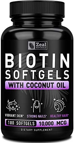 Zeal Naturals Biotin with Coconut Oil for Hair 10000mcg (180 Softgels) Biotin Supplement - Biotin Pills for Hair Skin and Nails Vitamins for Women Biotin Capsules for Men Hair Growth 6 mo Supply Zeal Naturals