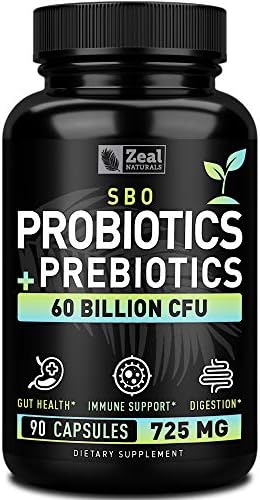 Probiotics and Prebiotics + SBO Probiotics (60 Billion CFU | 90 Capsules) Acidophilus Probiotic w. Saccharomyces Boulardii, Bifidobacterium + Spore Probiotic & Organic Sprouted Prebiotic Fiber Blend Zeal Naturals