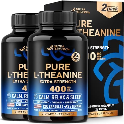 L Theanine 400 mg | L-Theanine Stress Relief | Extra Strength Supplement | Made in USA | Relaxation, Sleep & Calm Support | For Men & Women | Plant Based, Non-GMO & Gluten-Free | Vegan, Pack of 2 Nutraharmony