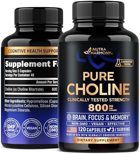 Choline 800 mg - Choline Supplement, Clinically Tested Strength for Focus & Attention - Brain & Cognitive Support - Bitartrate form - Vegan, NON-GMO, Lab Tested - Made in USA - 120 Capsules, 40 Days Nutraharmony