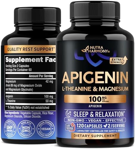 Apigenin 100mg - Apigenin Supplement for Sleep Support with L-Theanine & Magnesium - Sleep, Stress Relief & Relaxation Support for Adults - Naturally Derived from Chamomile - 120 Vegan Capsules Nutraharmony