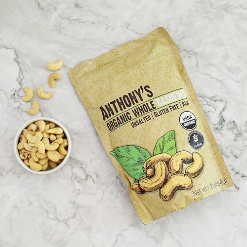 Anthony's Organic Whole Cashews, 1 lb, Raw, Unsalted & Gluten Free Anthony's