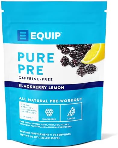 Equip Foods Pure Pre All Natural Pre-Workout Powder | Green Tea Caffeine, Sea Salt, EAA, Vitamin C, B6, B12, L-carnitine, Agnine | Naturally Boosts Workouts | 30 Servings, BlackBerry Lemon Caffeinated Equip