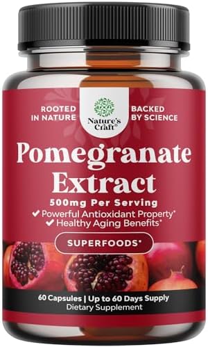 Pomegranate Extract Capsules Antioxidant Supplement - Natural Pomegranate Capsules for Heart Health Joint Support and Pre Workout for Men and Women - Nitric Oxide Supplement with Brain Health Vitamins Natures Craft