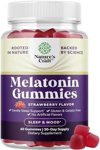 Melatonin 5mg Natural - Gelatin Free and Halal Melatonin Gummies 5mg Sleep Supplement for Adults - Strawberry Sleep Gummies for Adults Fall Asleep Faster with Natural Flavors and Colors 60ct Natures Craft