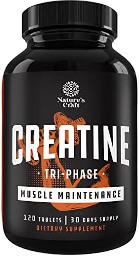 Natures Craft High Strength Tri Phase Creatine Tablets for Women & Men - Formula Blend of Creatine Monohydrate, HCL & Pyruvate Supplement - Muscle Mass Gain & Recovery Supplement - 120 Tablets Natures Craft