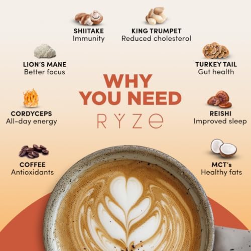 RYZE Mushroom Coffee | 6 Adaptogenic Mushrooms | USDA Organic | Instant Coffee | MCT Oil | USA Grown | Better Energy, Focus, Digestion, Immunity | Cordyceps, Lion’s Mane, Turkey Tail | 30 Servings Ryze Superfoods