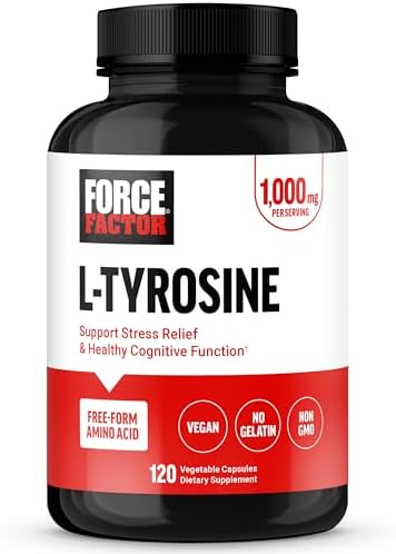 FORCE FACTOR L Tyrosine Stress Relief Supplement, L-Tyrosine Brain Health Supplements for Adults, L-Tyrosine 500mg Capsules, Free Form, Vegan, No Gelatin, Non-GMO, 120 Capsules Force Factor