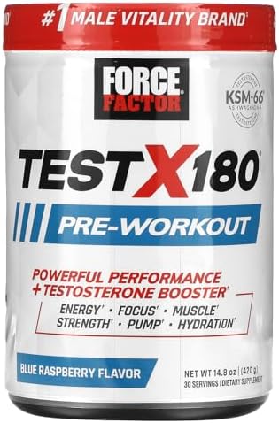 FORCE FACTOR Test X180 Pre-Workout Powder & Energy Supplement, Boost Focus & Endurance, Build Muscle & Strength, Nitric Oxide Supplement with Ashwagandaha & L-Citrulline, Blue Raspberry, 30 Servings Force Factor