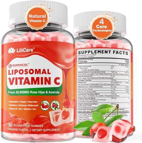 Liposomal Vitamin C 1000mg Filled Gummies for Adults & Kids 9+, 1660mg with Echinacea, Elderberry, D3, Zinc, Iron, Bioflavonoid, Astaxanthin - Natural Organic Chewable Gummies, Sugar Free Lilicare