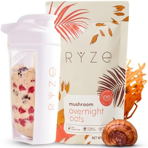 RYZE Mushroom Overnight Oats | 6 Adaptogenic Mushrooms | 20g Whey Protein | Chia Seeds | Cordyceps, Lion’s Mane, Shiitake, Reishi, Turkey Tail, King Trumpet | Healthy Breakfast | 14 servings Ryze Superfoods