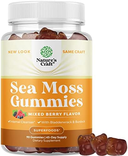 Natures Craft Irish Sea Moss Gummies for Women, Men & Kids - Immune Support Supplement with Irish Sea Moss, Bladderwrack & Burdock Root - Detox Gummies for Body Cleanse - 90 Chewable Gums Natures Craft