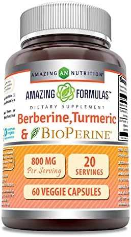 Amazing Formulas Berberine Turmeric & Bioperine 800mg Per Serving 60 Veggie Capsules Supplement | Non GMO | Gluten Free | Made in USA | Ideal for Vegetarians Amazing Nutrition