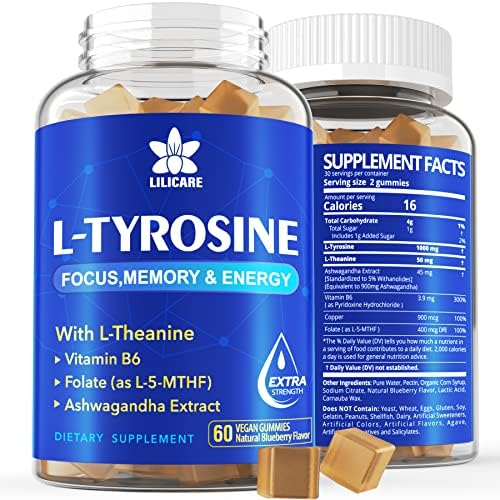 L-Tyrosine Gummies 1100mg with Ashwagandha for Men & Women, L Tyrosine Supplement and L-Theanine Calm & Focus Gummies Plus Vitamin B6, Folate, Copper for Brain, Mood, Energy - Vegan, Gluten-Free EnvyDeal