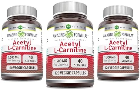 Amazing Formulas Acetyl L-Carnitine 1500 Mg Per Serving Veggie Capsules Supplement | Non-GMO | Gluten Free | Made in USA | Suitable for Vegetarians (120 Count) | Pack of 3 Amazing Nutrition