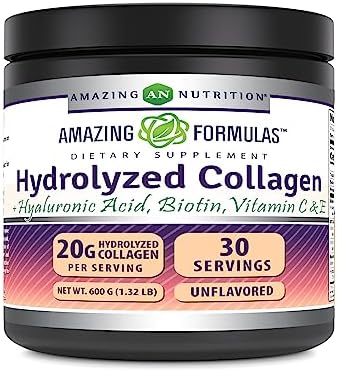 Amazing Formulas Hydrolyzed Bovine Collagen Type I & III Unflavored Powder | 1.32 Lb (600 Grams) | Contains Hyaluronic Acid, Biotin, Vitamin C & E | Non-GMO | Gluten Free Amazing Nutrition