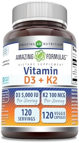 Amazing Formulas Vitamin D3 5000 IU with Vitamin K2 100 Mcg | 120 Veggie Capsules Supplement | Non-GMO | Gluten Free | Made in USA Amazing Nutrition