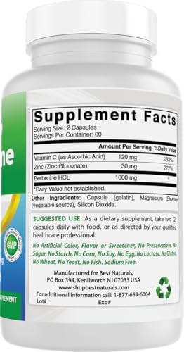 Best Naturals Berberine Plus 1000 mg/Serving 120 Capsules (120 Count (Pack of 3)) Best Naturals